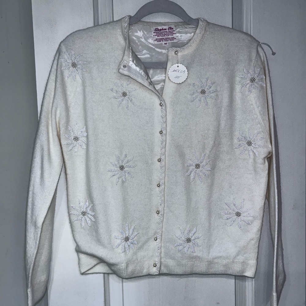 Vintage Stephen Chu beaded embroidered angora wool blend sweater snowflakes Med